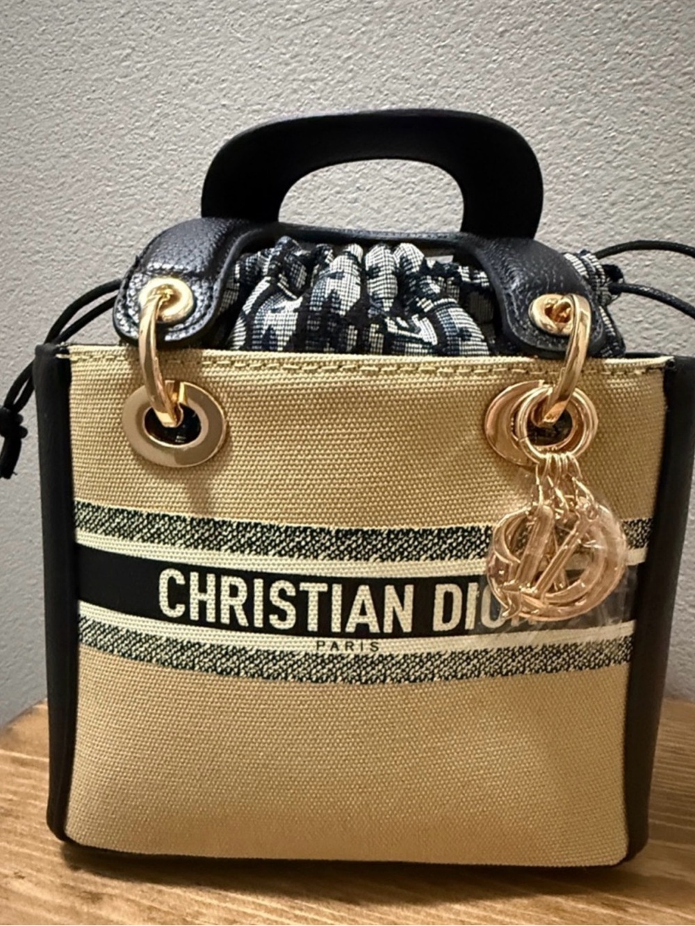Beige and Black Mini Tote with Gold Charm